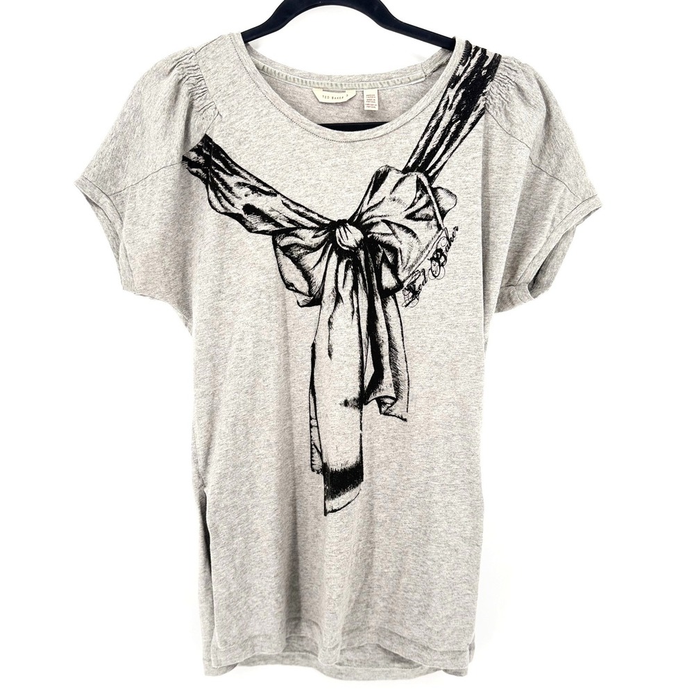 Ted Baker T-Shirt Bow Graphic Size 3 M Grey Cap Sleeve Cotton Tee